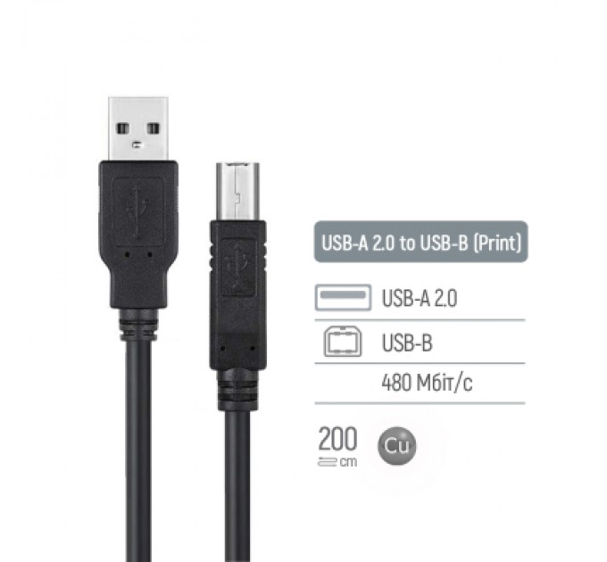 ColorWay Кабель для принтера USB 2.0 AM/BM 2.0m black ColorWay (CW-CBUB072-BK)