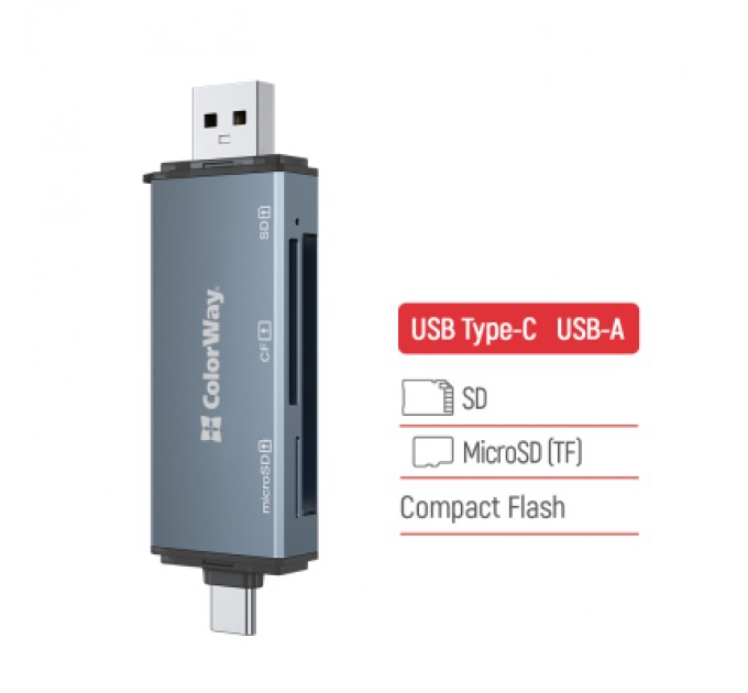 ColorWay Зчитувач флеш-карт ColorWay USB 2.0/USB-C to CF/SD/MicroSD (CW-CR-01)