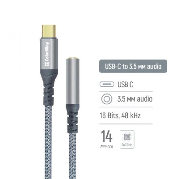 ColorWay Перехідник USB-C to 3.5mm F 0.14m gray ColorWay (CW-AD-CJ)