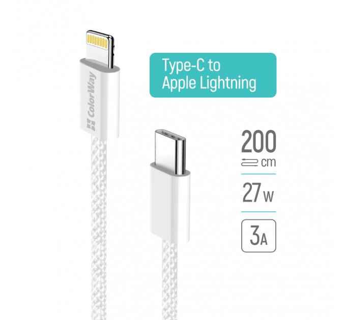 ColorWay Кабель ColorWay USB Type-C - Lightning (M/M), (braided cotton) (PD Fast Charging 27W), 2 м, Gray (CW-CBPDCL068-GR)