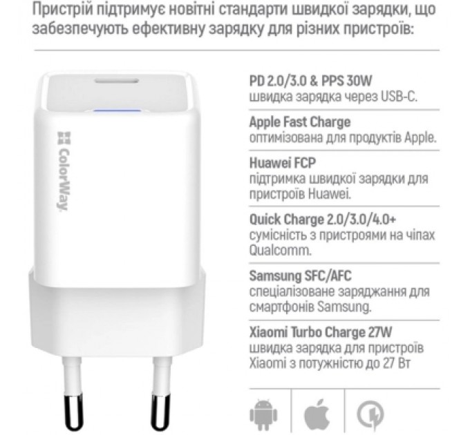ColorWay Зарядний пристрій ColorWay GaN Mini 30W PD Port PPS USB-C white + cable Type-C (CW-CHS054PDC-WT)