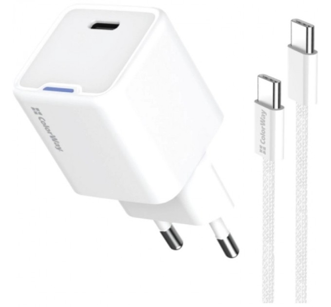 ColorWay Зарядний пристрій ColorWay GaN Mini 30W PD Port PPS USB-C white + cable Type-C (CW-CHS054PDC-WT)