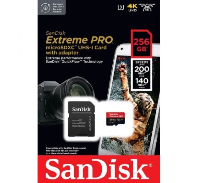 SanDisk Карта пам'яті SanDisk 256 GB microSDXC UHS-I U3 Extreme Pro+SD Adapter (SDSQXCD-256G-GN6MA)