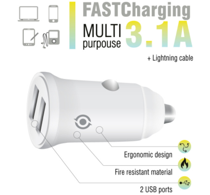 Piko Зарядний пристрій Piko CC-312 (2USB3,1A) + Lightning cable (1283126538810)