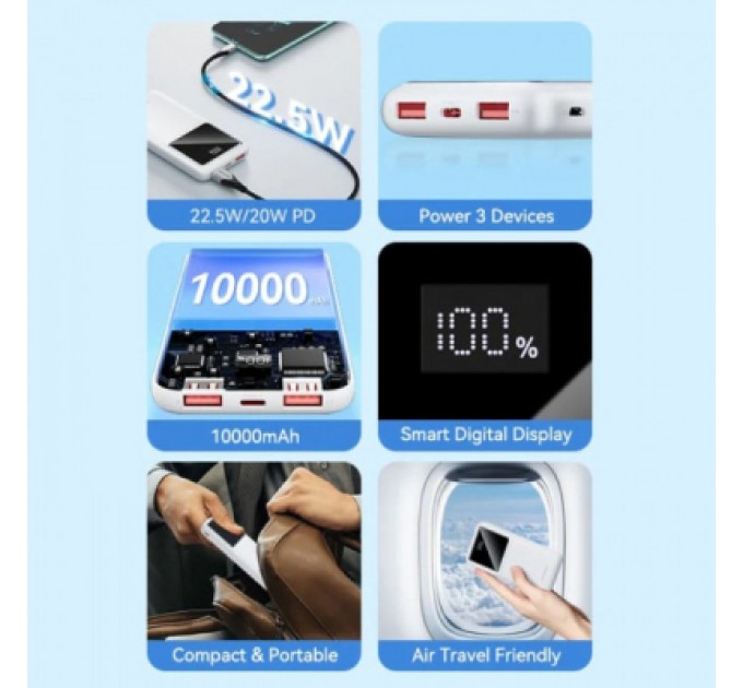 Vention Батарея універсальна Vention 10000mAh 22.5W 3A, PD, QC/3.0, LED Display, Black (FHKB0)