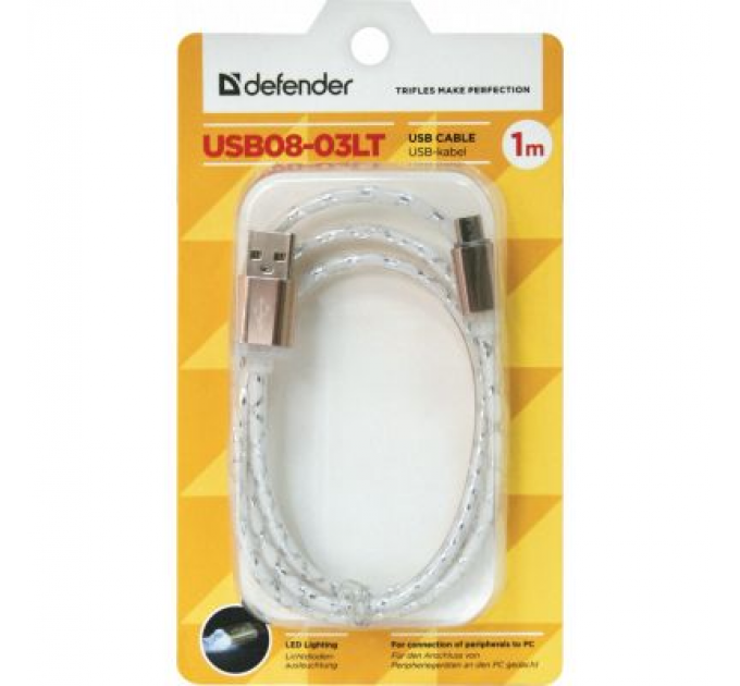 Defender Дата кабель USB08-03LT USB - Micro USB, GrayLED backlight, 1m Defender (87554)